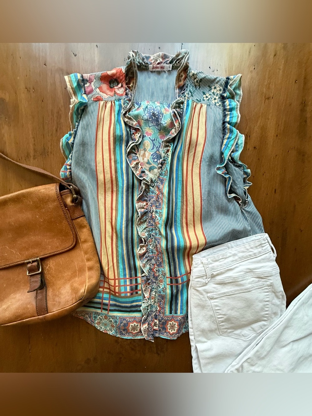 Johnny Was Blue Turquoise Red Striped Ruffle Sleeveless Top